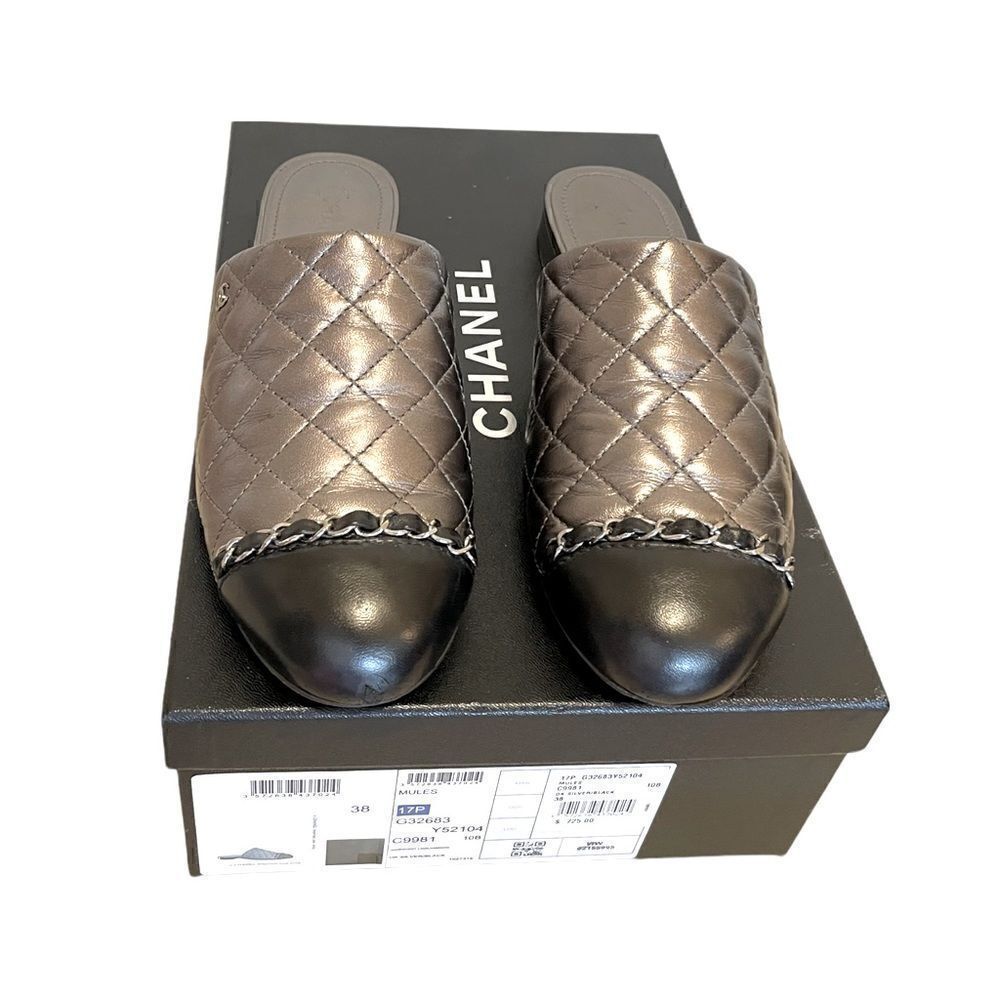 Chanel Iridescent Silver & Black Quilted Lambskin Mules |Size: IT38|